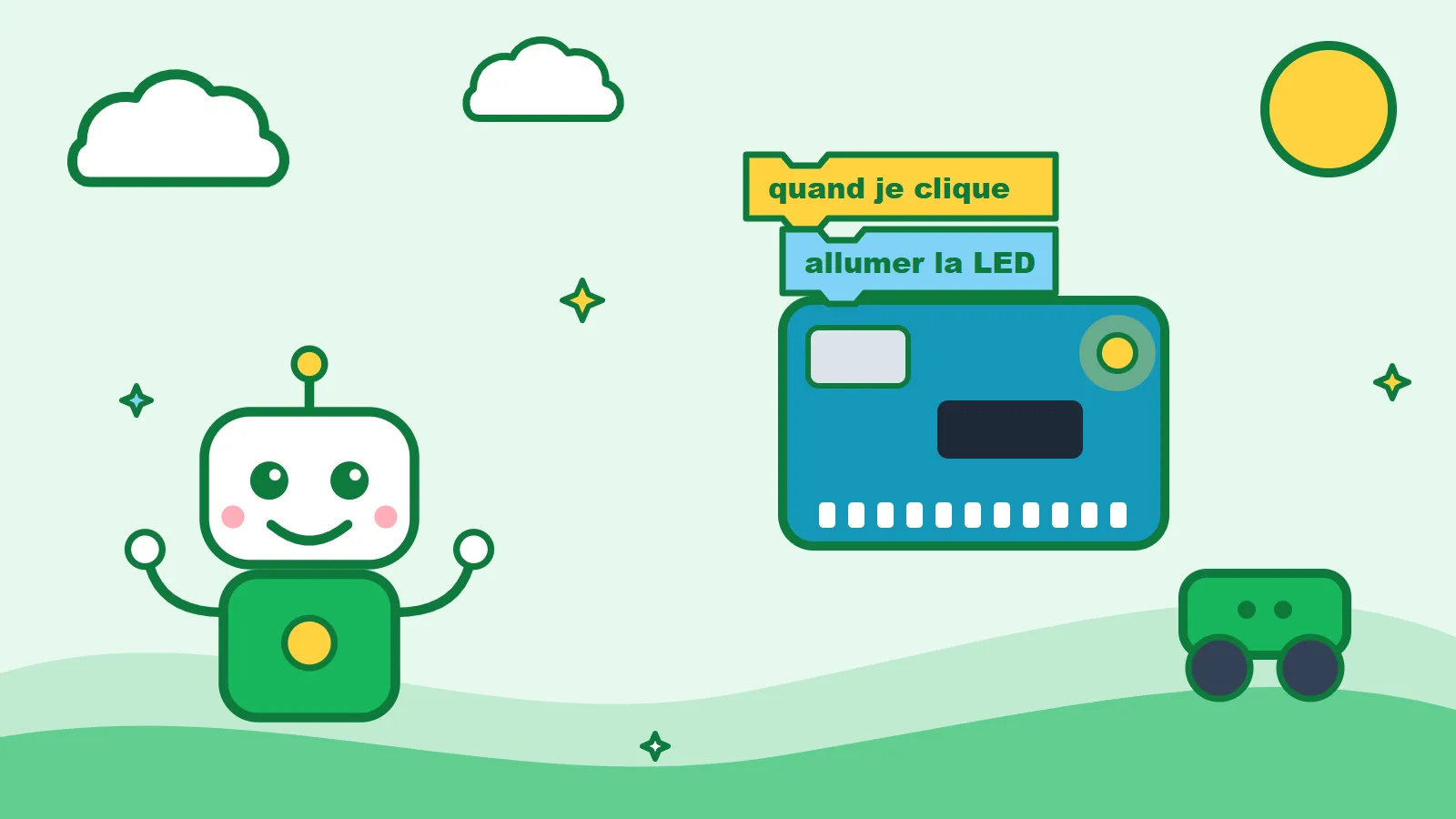 Illustration : un robot dessiné, une carte Arduino et des blocs de programmation