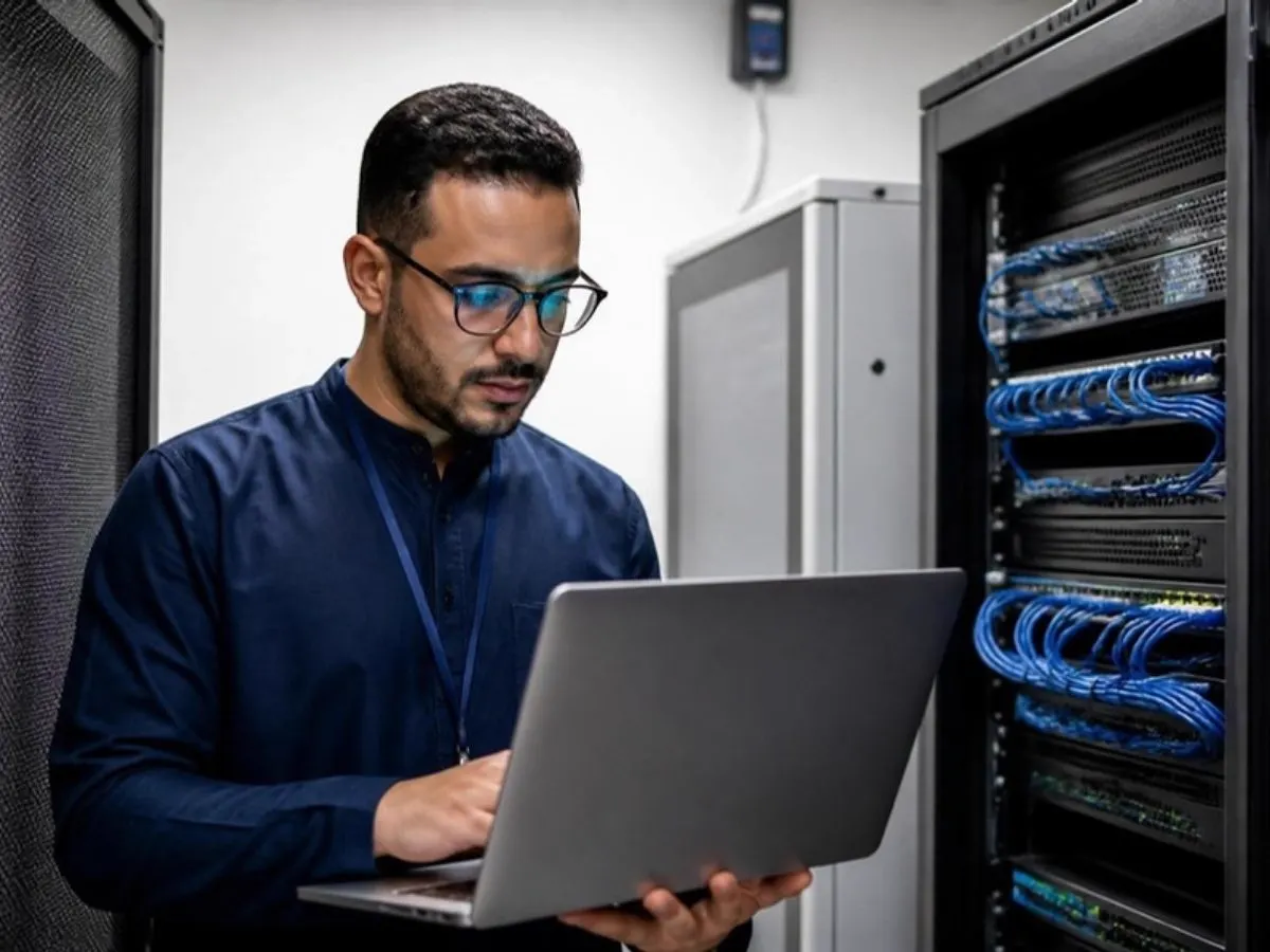 Technicien devant une baie de serveurs