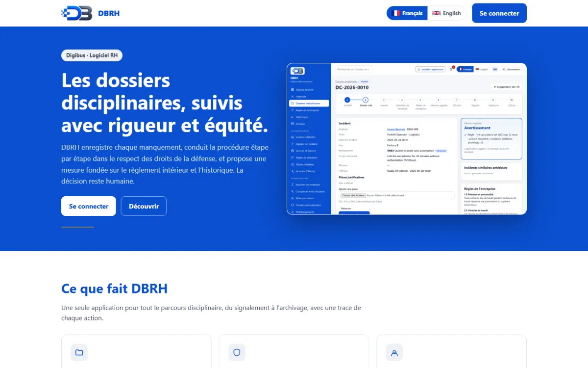 Accueil de DBRH, logiciel de suivi des dossiers disciplinaires